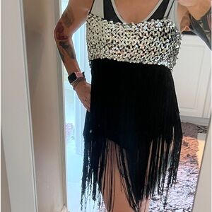 Vintage stage Black Fringe bodysuit sequin
